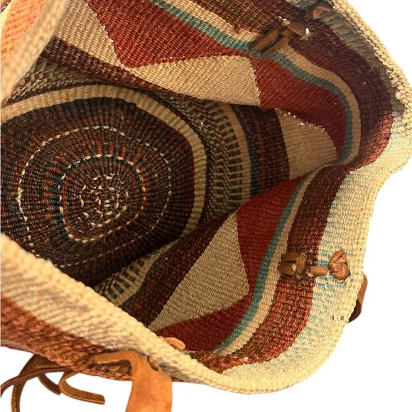 Vintage Raffia Woven Shoulder Bag Boho Beach Bucket Leather Strap Large Brown - Picture 3 of 9